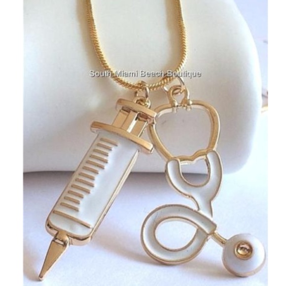 Nursing Medical Stethoscope Necklace RN MD RRT Medical Graduation Gift Gold Tone - Picture 2 of 9